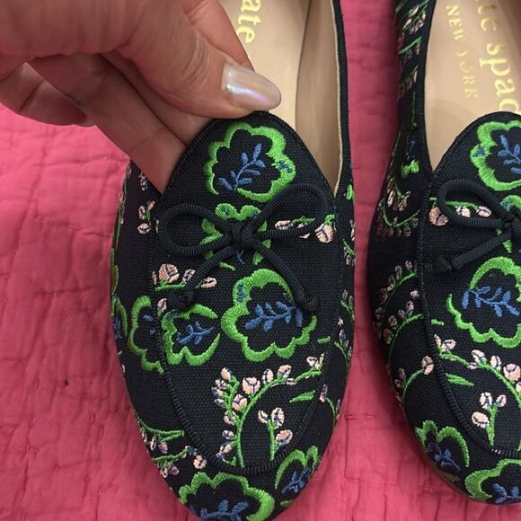 Kate Spade Women's Floral Embroidered Loafers - Black and Green, US6 - Picture 2 of 8